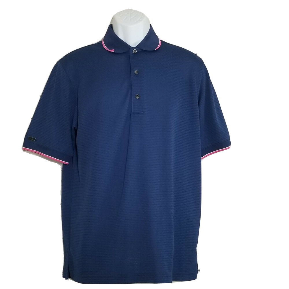 Greg Norman Mens Polo Shirt Medium Play Dry Golf Blue Short Sleeve Pink Stripe